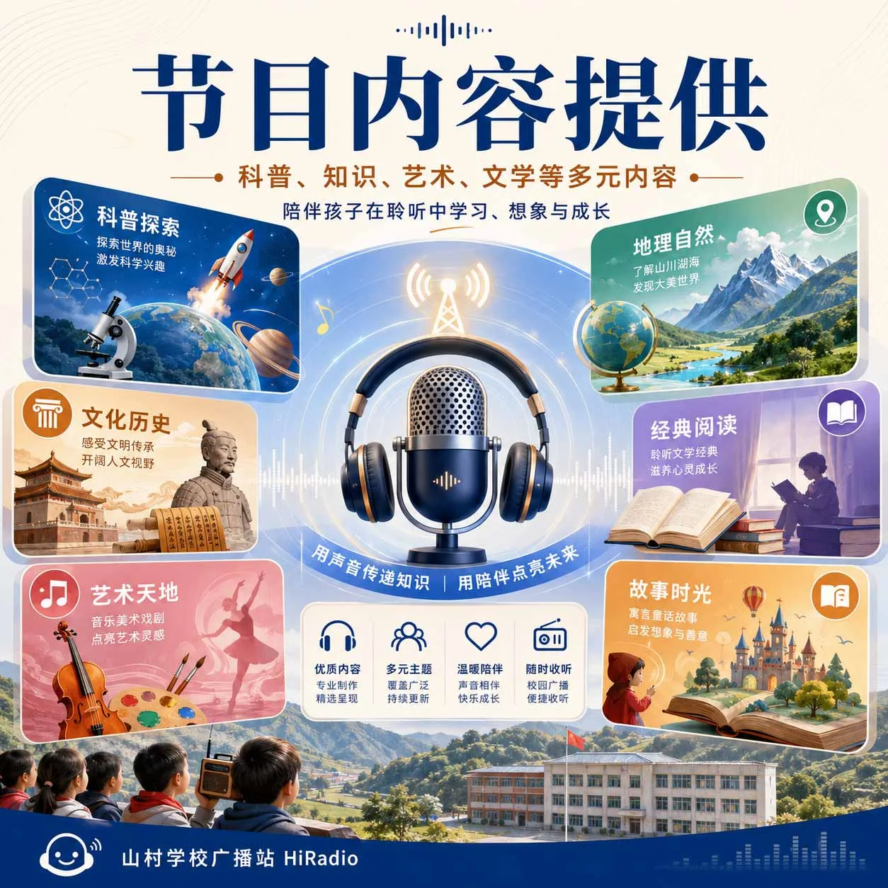 学生戴着耳机在校园广播话筒前参与节目